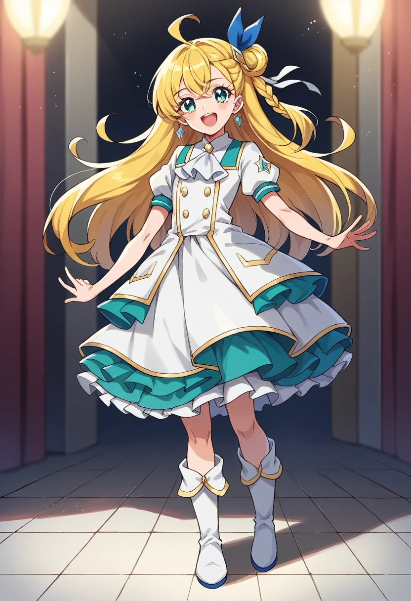 masterpiece, Highest quality, Looking_in_Audience, depth_of_Field, smile, full_body, Open_mouth, 
1人of, Cure Prism, ピンクof髪, Long Hair, Side braid, White Ascot, White boots, Elbow hand pockets, Hair Ribbon, Earrings, Layered skirt, Hart Ahoge, 
Slope_background,