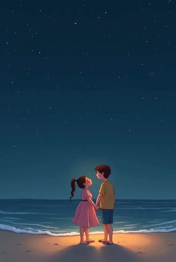 Image of a chubby girl and a skinny boy with specks in the beach side going for a dating the girl. Get shy and both of them. Looking at the sky the starts are covered in. That dark. Sky. Both of them are very happy they look. Age of around the girl 20 and the boy should look 25 