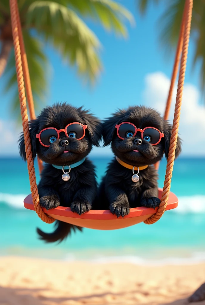 cute adorable 2 black shih tzu puppies with big blue eyes wearing sunglasses, swinging from palm tree, cute blonde girl with big blue eyes wearing sunglasses, extremely detailed, big blue eyes, wearing colorful collar and sunglasses, 3D Pixar style, at beach, photorealistic, (best quality,8k,highres,masterpiece:1.2),ultra-detailed,(realistic:1.37),HDR,vivid colors,studio lighting
