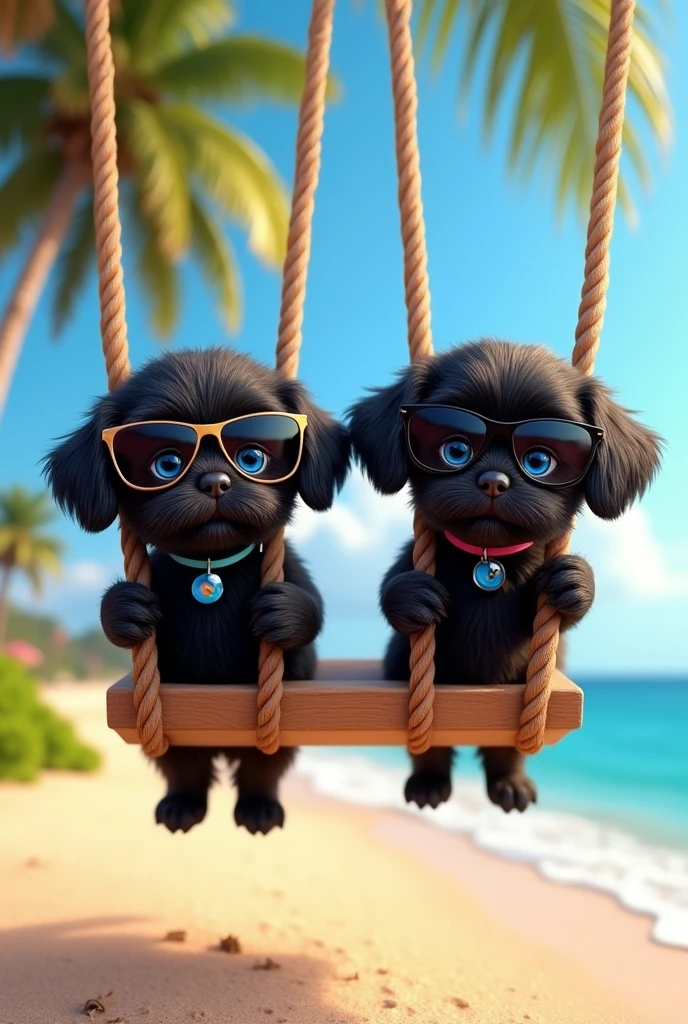 cute adorable 2 black shih tzu puppies with big blue eyes wearing sunglasses, swinging from palm tree, cute blonde girl with big blue eyes wearing sunglasses, extremely detailed, big blue eyes, wearing colorful collar and sunglasses, 3D Pixar style, at beach, photorealistic, (best quality,8k,highres,masterpiece:1.2),ultra-detailed,(realistic:1.37),HDR,vivid colors,studio lighting