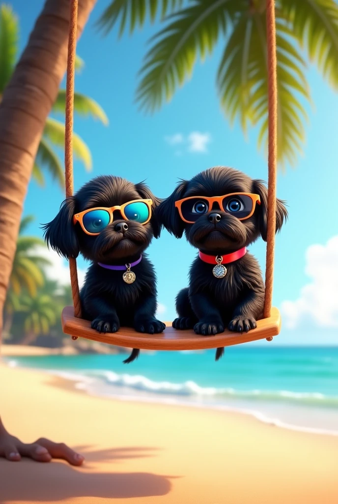 cute adorable 2 black shih tzu puppies with big blue eyes wearing sunglasses, swinging from palm tree, cute blonde girl with big blue eyes wearing sunglasses, extremely detailed, big blue eyes, wearing colorful collar and sunglasses, 3D Pixar style, at beach, photorealistic, (best quality,8k,highres,masterpiece:1.2),ultra-detailed,(realistic:1.37),HDR,vivid colors,studio lighting