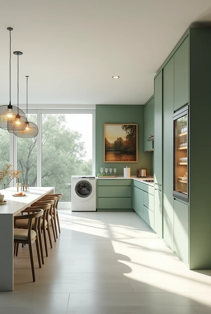 Large kitchen with white and matte green walls,Minimalist cabinets in the same color ,In the corner there is a large white table with 12 chairs,There is space for two refrigerators in the cabinets,There is a huge window next to the table,,so that the area of the kitchen is visible,large cupboard for glasses,so that the glasses are visible,Wine rack ,rack,2 refrigerators ,washing machine,Gas, beautiful picture on the wall,nature from the window,kitchen by size should be 6 meters long and 6 meters wide,chandeliers minimalist with warm light,