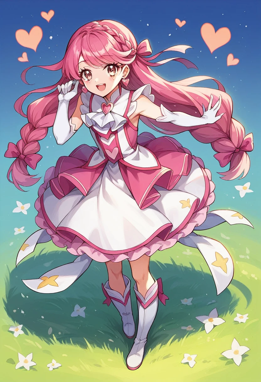 masterpiece, best quality, looking at_at_viewer, field_of_depth, smiling, full_body, open_mouth, 
1 person, Cure Prism, pink_hair, long_hair, side_braid, white_ascot, white_boots, elbow_gloves, hair_ribbon, earrings, layered_skirt, heart_hair, 
gradient_background,