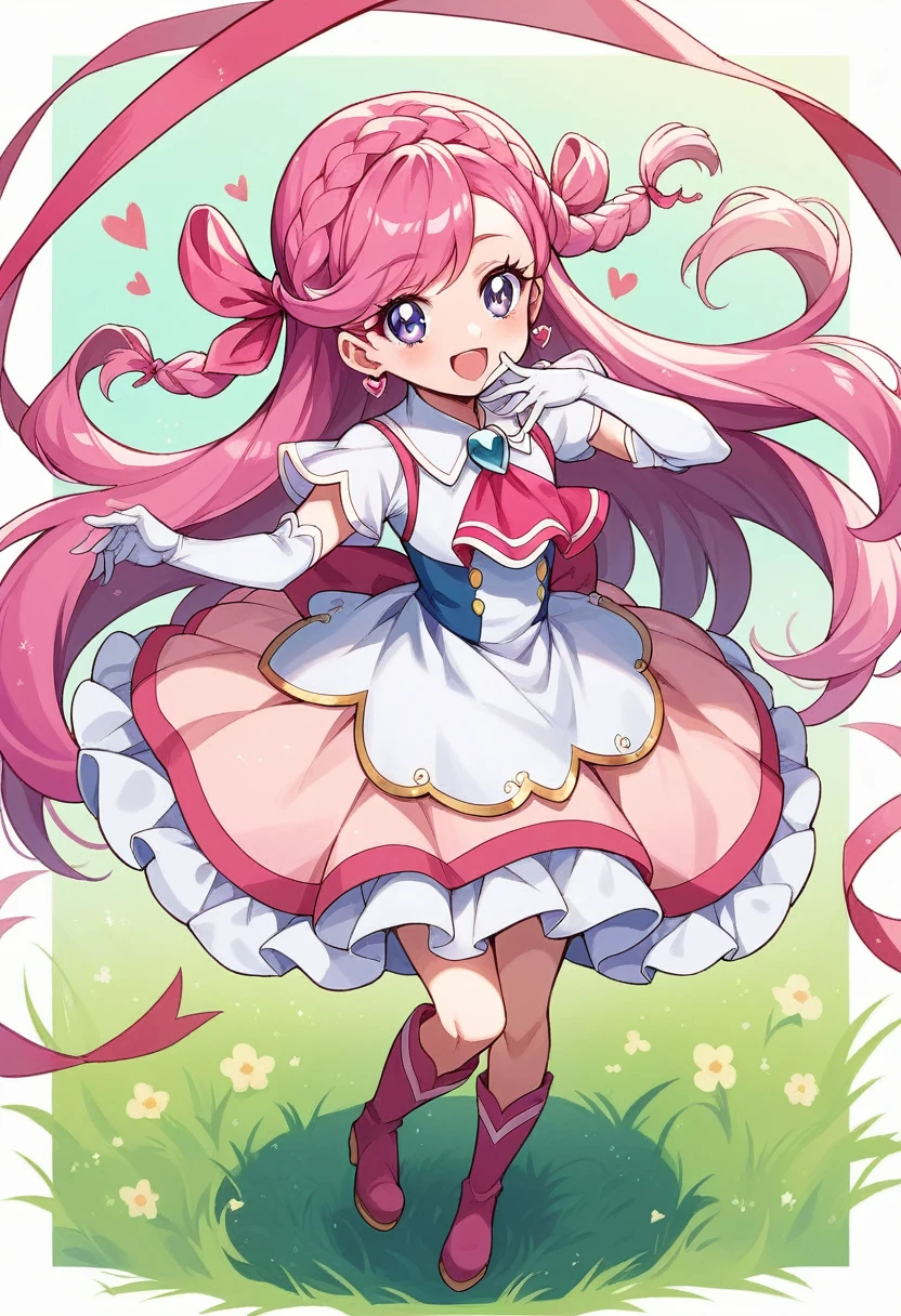 masterpiece, best quality, looking at_at_viewer, field_of_depth, smiling, full_body, open_mouth, 
1 person, Cure Prism, pink_hair, long_hair, side_braid, white_ascot, white_boots, elbow_gloves, hair_ribbon, earrings, layered_skirt, heart_hair, 
gradient_background,