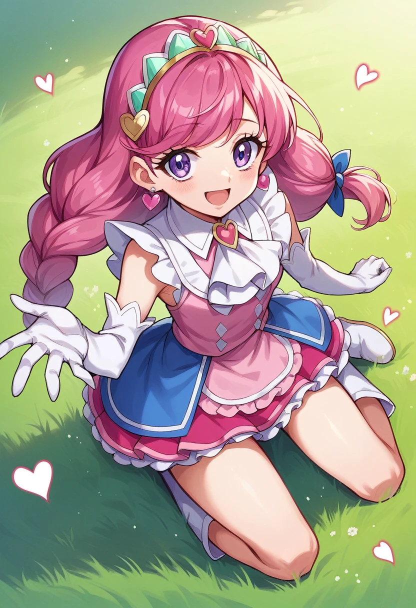 masterpiece, best quality, looking at_at_viewer, field_of_depth, smiling, full_body, open_mouth, 
1 person, Cure Prism, pink_hair, long_hair, side_braid, white_ascot, white_boots, elbow_gloves, hair_ribbon, earrings, layered_skirt, heart_hair, 
gradient_background,