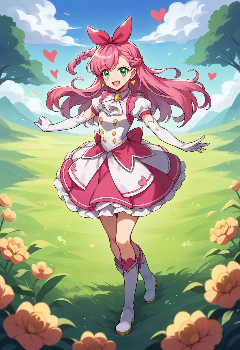 masterpiece, best quality, looking at_at_viewer, field_of_depth, smiling, full_body, open_mouth, 
1 person, Cure Prism, pink_hair, long_hair, side_braid, white_ascot, white_boots, elbow_gloves, hair_ribbon, earrings, layered_skirt, heart_hair, 
gradient_background,