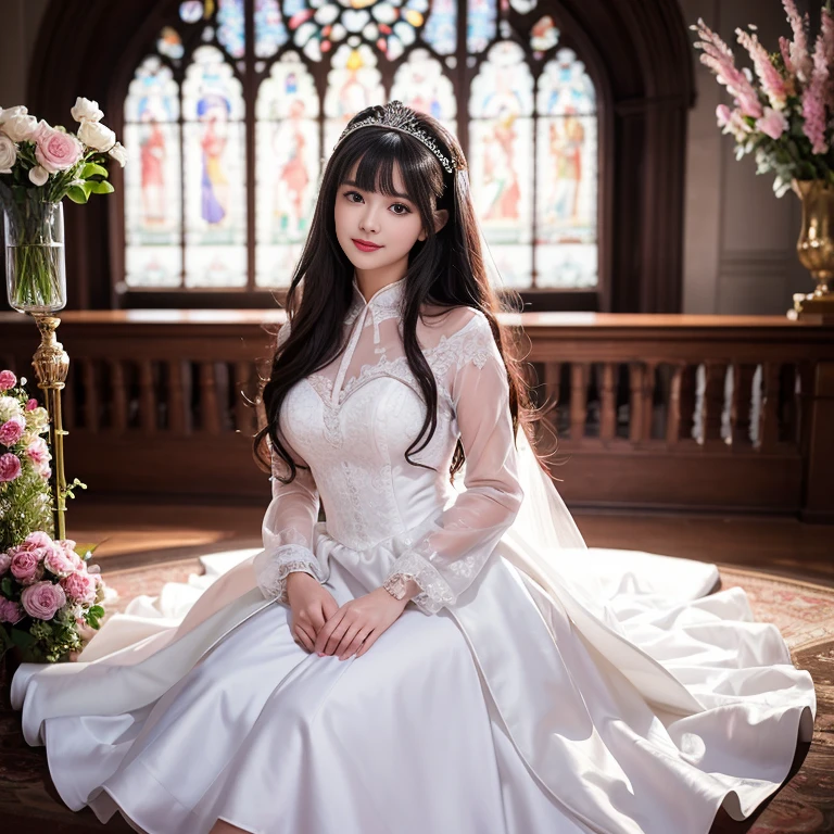 best quality, Delicate face,beautiful visual work, lifelike, eternity, black hair, Long curly hair, blunt bangs, Smile, Detailed Background, Delicate face,pink blush,cold,((masterpiece))、(top quality)、8k、high detail、Super detailed,31 years old female,Seductive and whimsical style、masterpiece、born、Scenes resembling fairy tale illustrations、Intricate details and complex designs、Beautifully、magic、capricious、 Beautifully、Dream aesthetics、「𝓡𝓸𝓶𝓪𝓷𝓽𝓲𝓬、ethereal、charming、fickle、magic」、Realism、Visual effects、FXAA、SSAO、Shaders、voiceless、ambient lighting、Tone mapping、High resolution、Ultra high quality、Million pixels、(8K resolution:1.10)、8k、Below 8K、8K resolution、high detail、intricate details, (high quality:1.2、masterpiece:1.2、:1.21)、(31 years old female:1.21)、(Smile excitedly)、(Surrounded by the dreamy atmosphere、Model diagram,full-body shot,Normal 2 feet,Don't show your fingers,wearing white princess wedding dress, Don’t show your feet, big skirts, princess dress, wedding princess dress, ball gown wedding dress, bride, bridal veil,in the church,Holding flowers in both hands, long skirt, long sleeves,a bride, skirt covers feet.