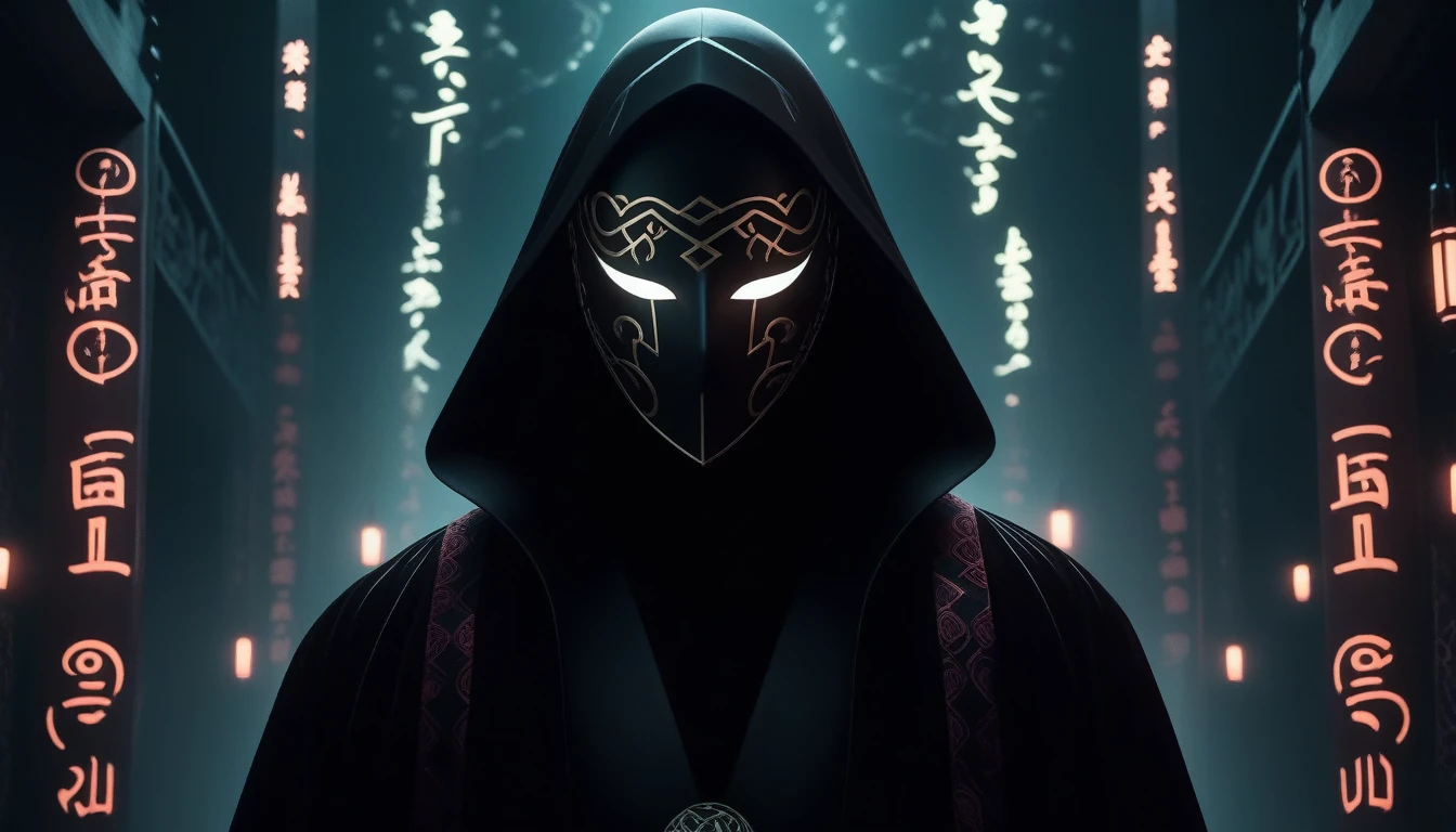 squid game, masked leader, black robe, black gloves, full-face mask, black mask with intricate design, geometric symbols, mysterious figure, dark and foreboding atmosphere, dystopian authority, shadowy environment, dim lighting, powerful and enigmatic, silent observer, sinister aura, hidden identity