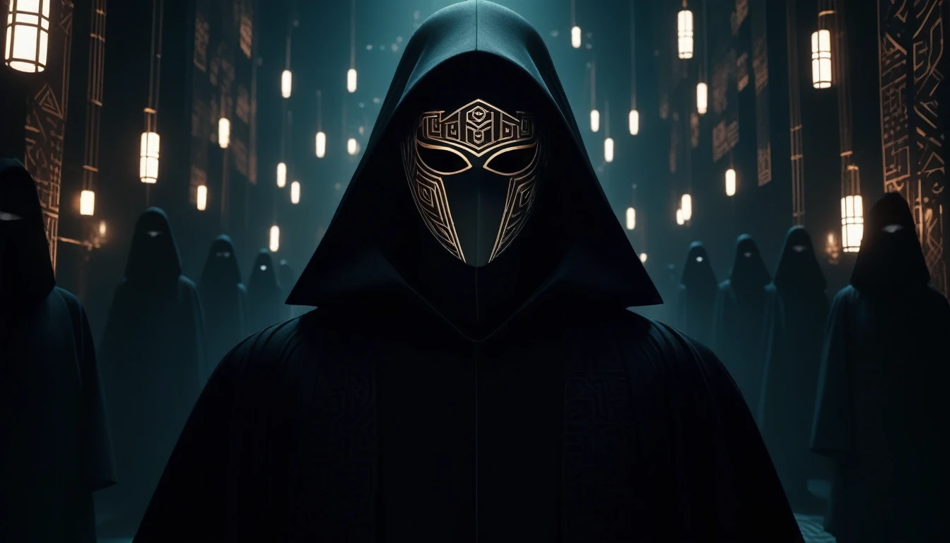squid game, masked leader, black robe, black gloves, full-face mask, black mask with intricate design, geometric symbols, mysterious figure, dark and foreboding atmosphere, dystopian authority, shadowy environment, dim lighting, powerful and enigmatic, silent observer, sinister aura, hidden identity