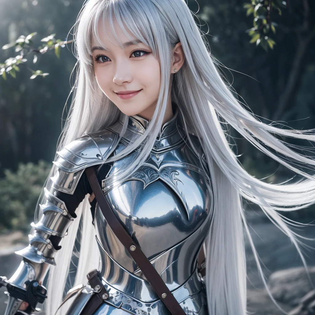 (Natural sunlight, top quality, 8k, masterpiece, raw photo: 1.3),mysterious, cute elf girl, crystal clear white skin, fantasy, short, (( petitet little girl, little pointed little ears: 1.2)), slender eyes, narrow eyes, symmetrical eyes, (silver-gray hair, one-length hairstyle), earrings, ( Revealing armor, wearing light armor, long boots above the knee: 1.2), ultra-detailed, intricate details, highly detailed face and skin tone, face and eyes with detailed details, realistic, small breasts, dynamic pose, superb view with forest and lake