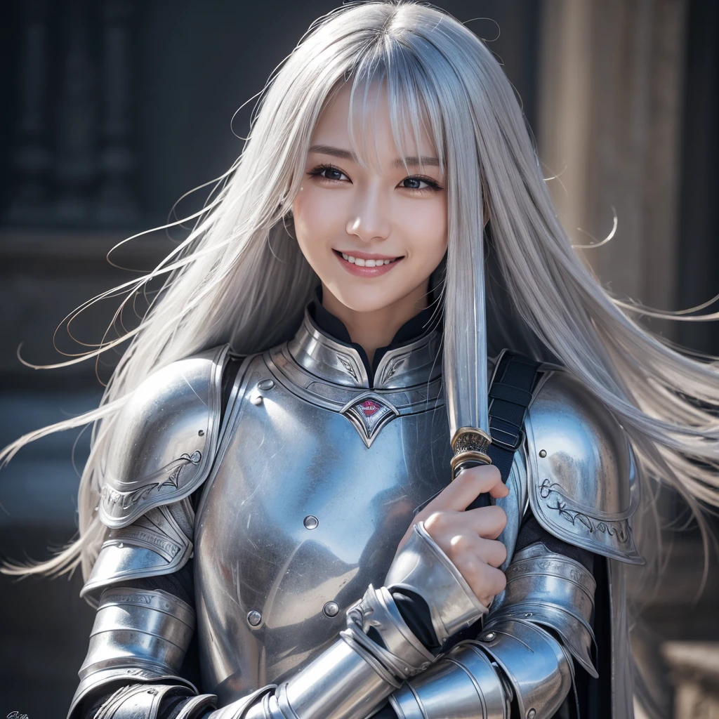 (8k), (Highest resolution: 1.2), (Real), (Photoreal: 1.37), Ultra HD, Standing, Holding a sword in both hands, Silver-haired female knight, 1 girl, Cute, Smile, Mouth closed , Beautiful details, Beautiful nose, Full body, Slender, (8k), (Best quality: 1.2), (Real), Ultra HD, Messy hair, Full body, 1 girl, Cute, Silver eyes, Straight long hair, Silver hair, A smile, a closed mouth, beautiful details, a beautiful nose,
