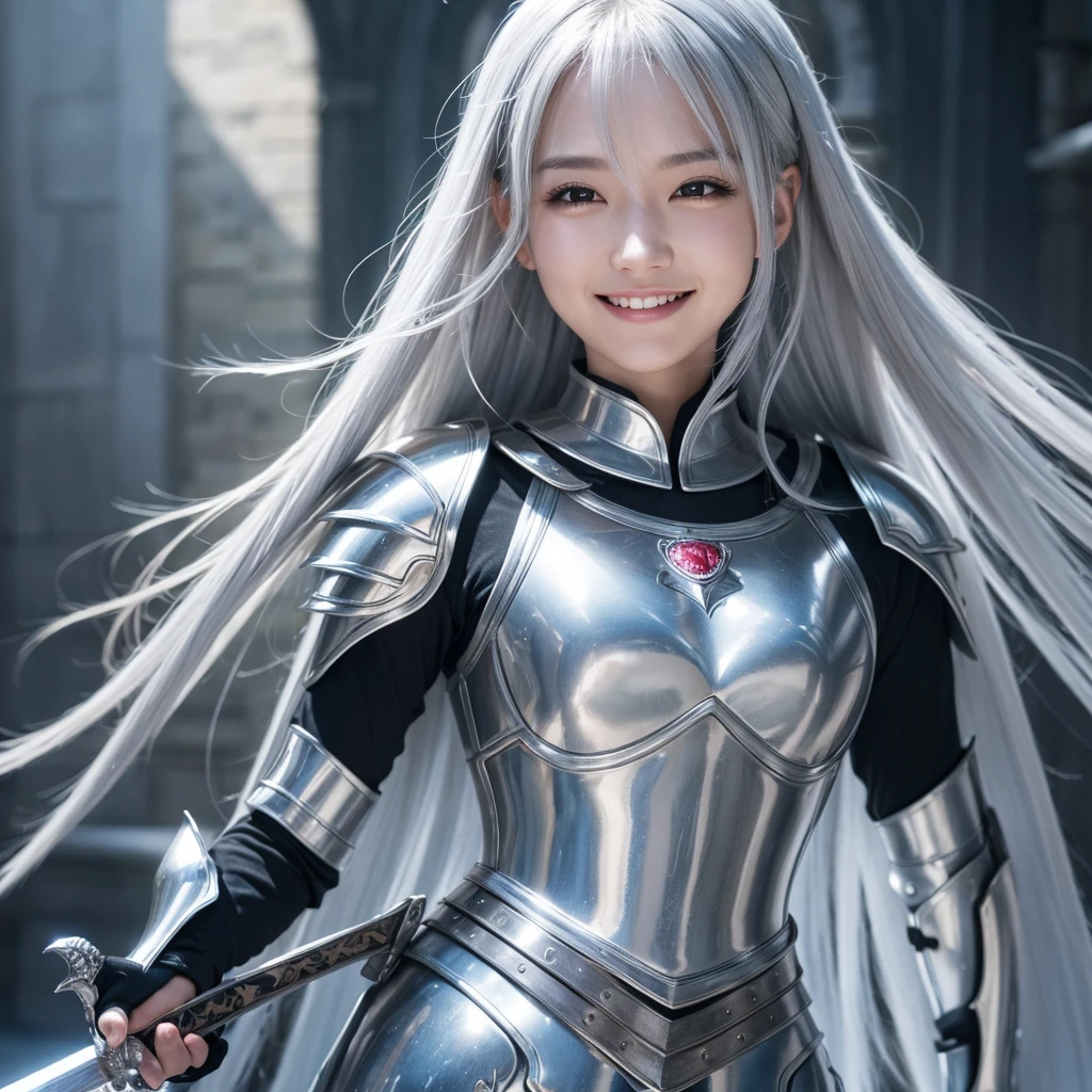 (8k), (Highest resolution: 1.2), (Real), (Photoreal: 1.37), Ultra HD, Standing, Holding a sword in both hands, Silver-haired female knight, 1 girl, Cute, Smile, Mouth closed , Beautiful details, Beautiful nose, Full body, Slender, (8k), (Best quality: 1.2), (Real), Ultra HD, Messy hair, Full body, 1 girl, Cute, Silver eyes, Straight long hair, Silver hair, A smile, a closed mouth, beautiful details, a beautiful nose,