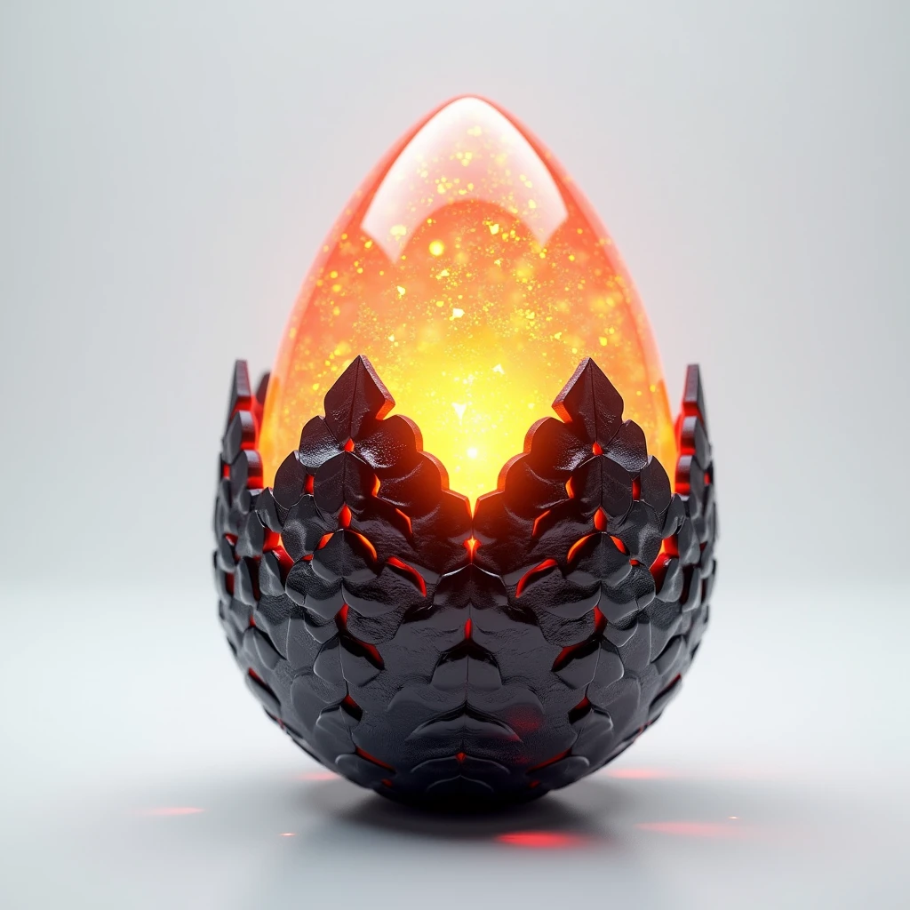 (masterpiece, top quality, best quality, official art,beautiful and aesthetic:1.2),
(4k,8k, best quality,masterpiece:1.2),(((white background))), solo,Game item, a dragon egg, with the upper half in a translucent and sparkling state, while the bottom is stacked with dark dragon scales. The entire egg emits an orange glow, creating a clear and high-quality texture, and a realistic and accurately structured modern representation with consistent lighting that looks natural and believable.