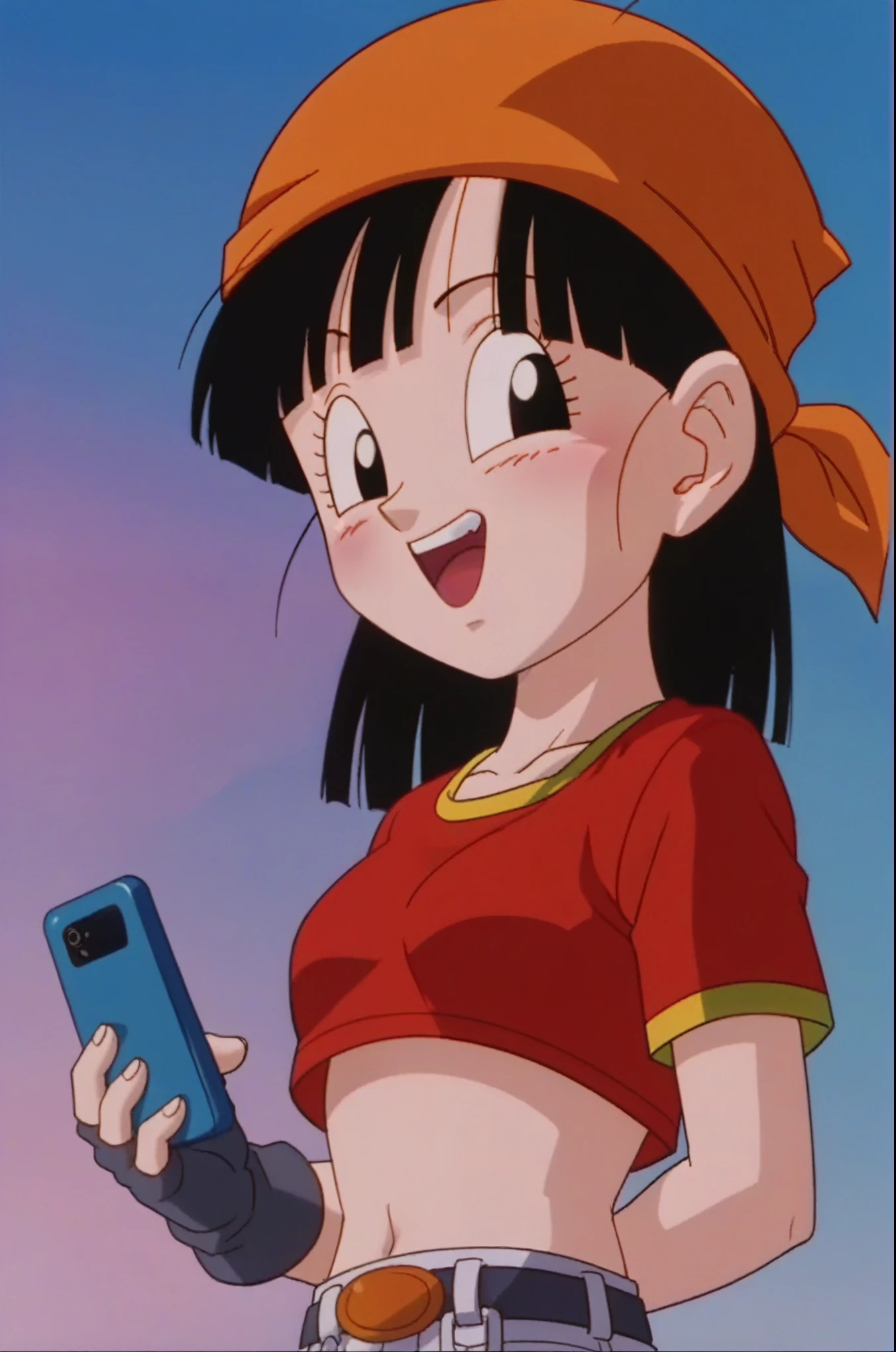 source_anime, score_9, score_8_up, score_7_up, anime screencap,
pangt, 1girl, happy, bangs, closed mouth, blushing, black hair, open sea, evening, moon, collarbone, whole body, teeth, blunt bangs, outdoors, black eyes, eyelashes, upper teeth only, close-up, red crop top, bandana, retro artstyle, , 1990s \(style\), orange headwear, medium ass, medium breasts, phone