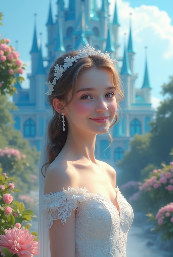  A young girl in a white wedding dress, the camera captures her beautiful smiling face in close-up, blue crystal palace surrounded by flowers and trees, blue sky and clouds, pink dreamy background, fantasy style, high resolution, photography, dreamy background, lighting shot, soft lighting, ultra detailed, surrealism, princess dress, super realistic image.4k,