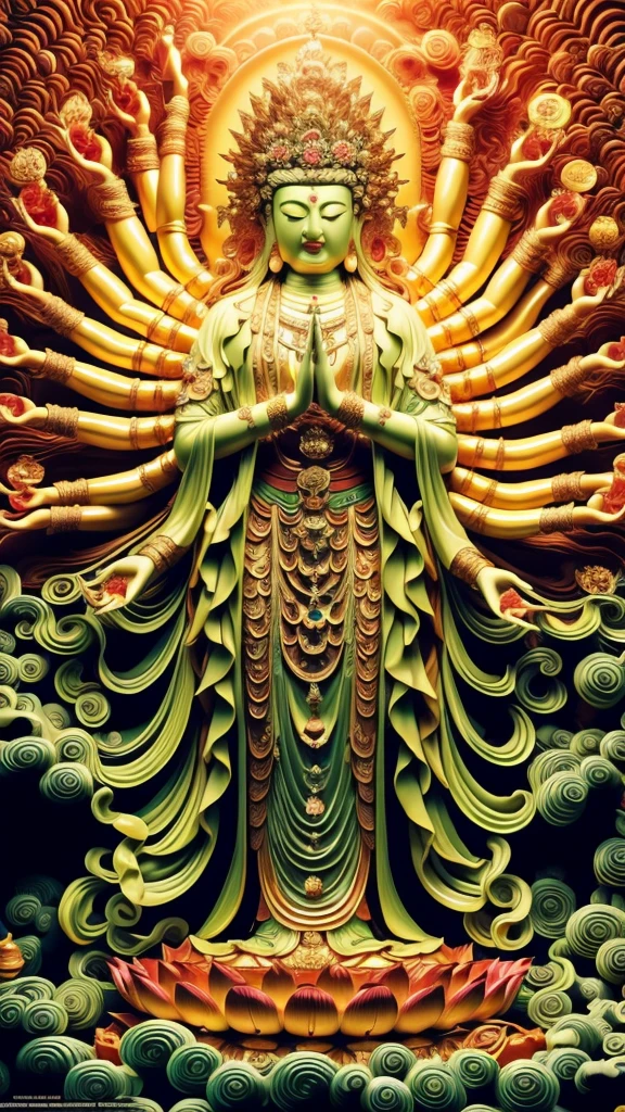  statue of guan yin made of jade and jewelry, crystal clear and shinning, beautyfull  face, multiple hands holding some treasure weapons , detailed hands,  floating red ruby lotus , full body, masterpieces, super detail, epic composition, ultra HD, high quality, extremely detailed, official art, unified 8k wallpaper, Super detail, Professional studio lightning, 