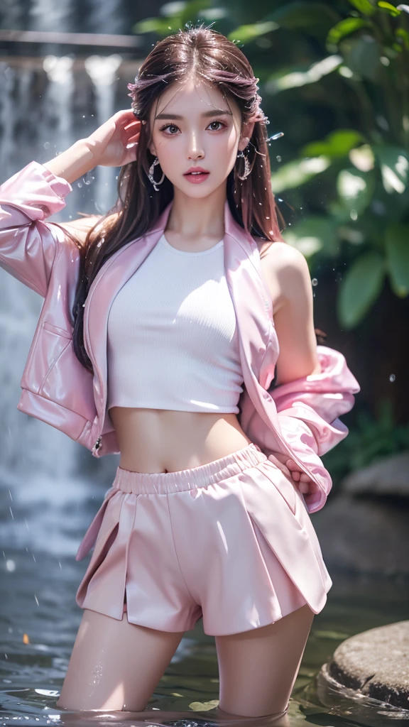 8k, masterpiece, 1 girl, beautiful face, ((very long hair)), glossy makeup, closed mouth, (glossy skin:1.5), detailed eyes, detailed lips, small bust, pink short jacket, lavender vest, ((pink mini skirt)), ((under pants)), ((bare thigh)), straps clothing, (water falling:1.5), steam effect, water vapor, adult pose,