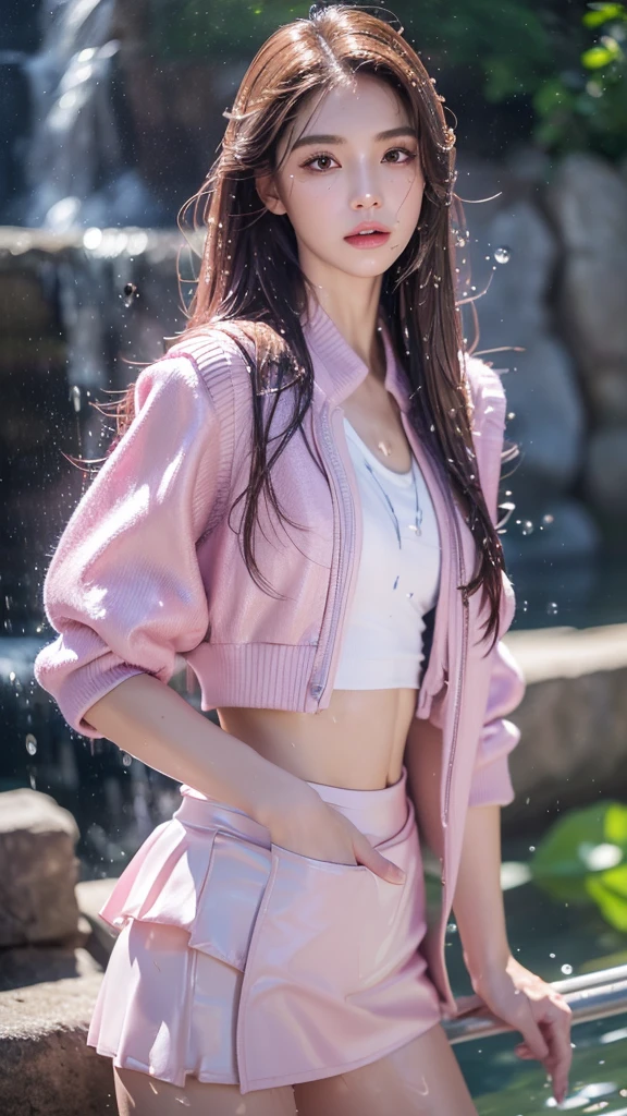 8k, masterpiece, 1 girl, beautiful face, ((very long hair)), glossy makeup, closed mouth, (glossy skin:1.5), detailed eyes, detailed lips, small bust, pink short jacket, lavender vest, ((pink mini skirt)), ((under pants)), ((bare thigh)), straps clothing, (water falling:1.5), steam effect, water vapor, adult pose,