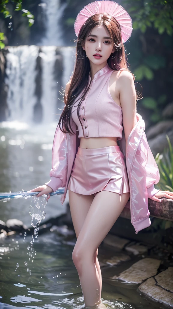 8k, masterpiece, 1 girl, beautiful face, ((very long hair)), glossy makeup, closed mouth, (glossy skin:1.5), detailed eyes, detailed lips, small bust, pink short jacket, lavender vest, ((pink mini skirt)), ((under pants)), ((bare thigh)), straps clothing, (water falling:1.5), steam effect, water vapor, adult pose,