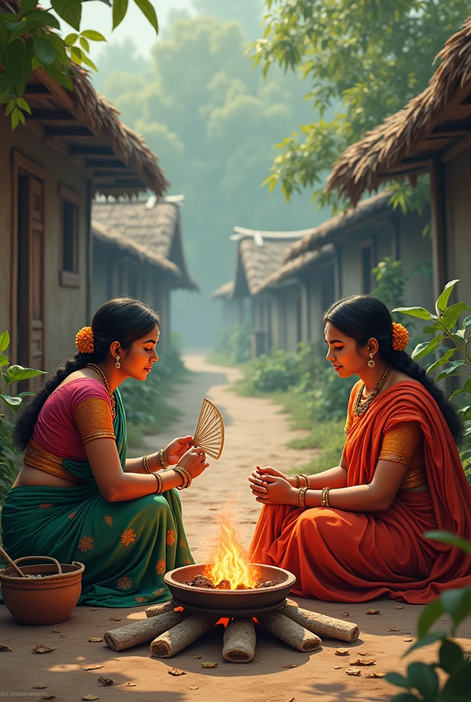 Tamil village marriaged women alone sitting infront of aduppu with moram in hand