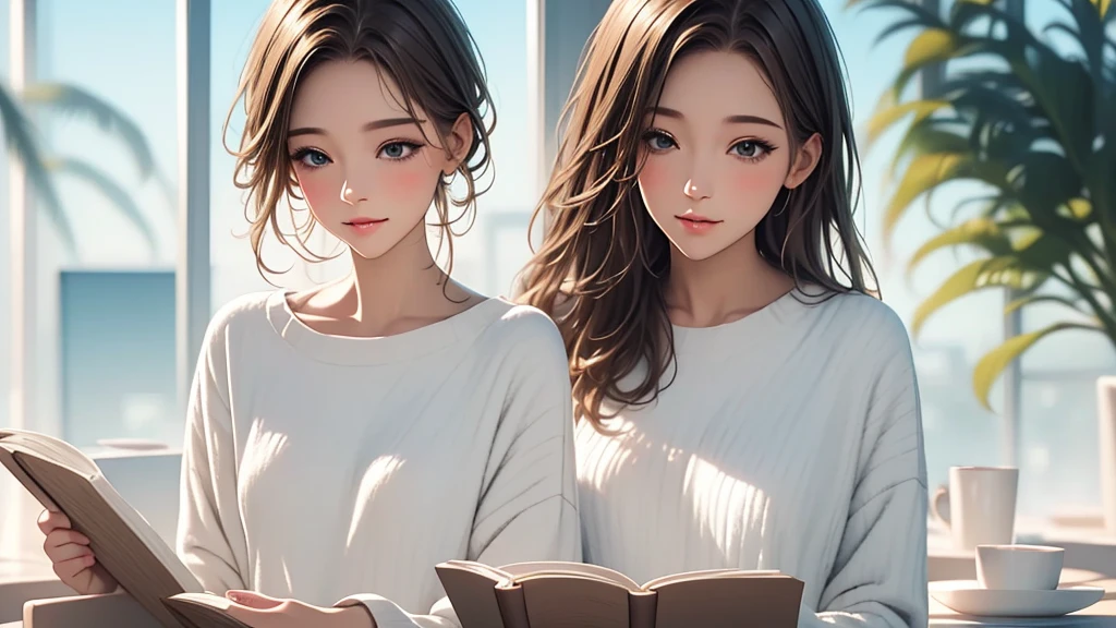 Light Color Palettes,medium front shot, digital art painting . dreaming fresh art style, female office lady, charming relaxing . reading book look at camera freshly green trees leaves swaying morning sunlight hyper ligting insane details background blurry focus on character