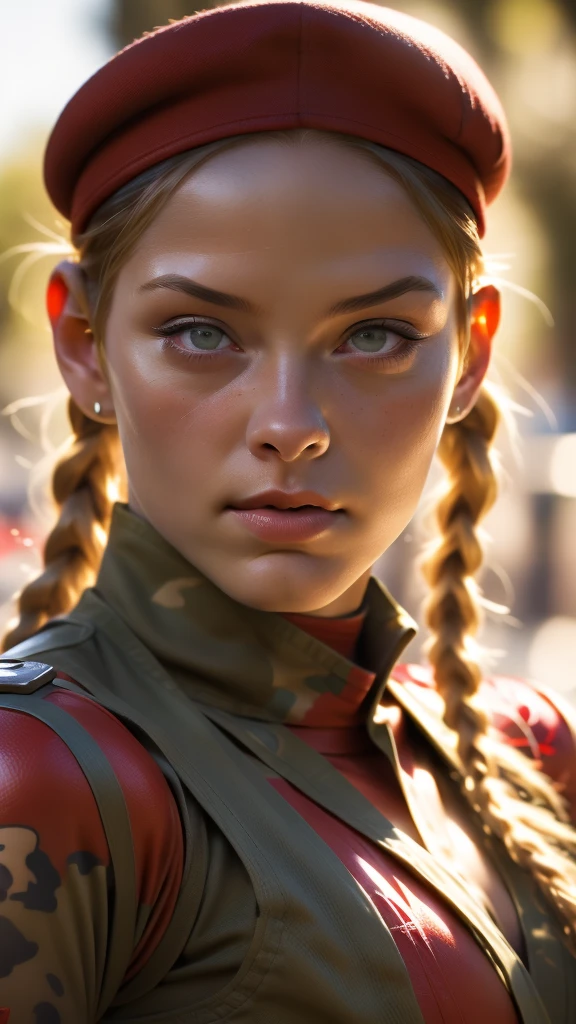 ((portrait shot)) (((Street Fighter Cammy))) in military clothing, red beret,blonde double braids hairstyle,camouflage top,masterpiece, best quality, (head:1.3), finely detailed skin, cleavage, war zone, blurred background, bokeh