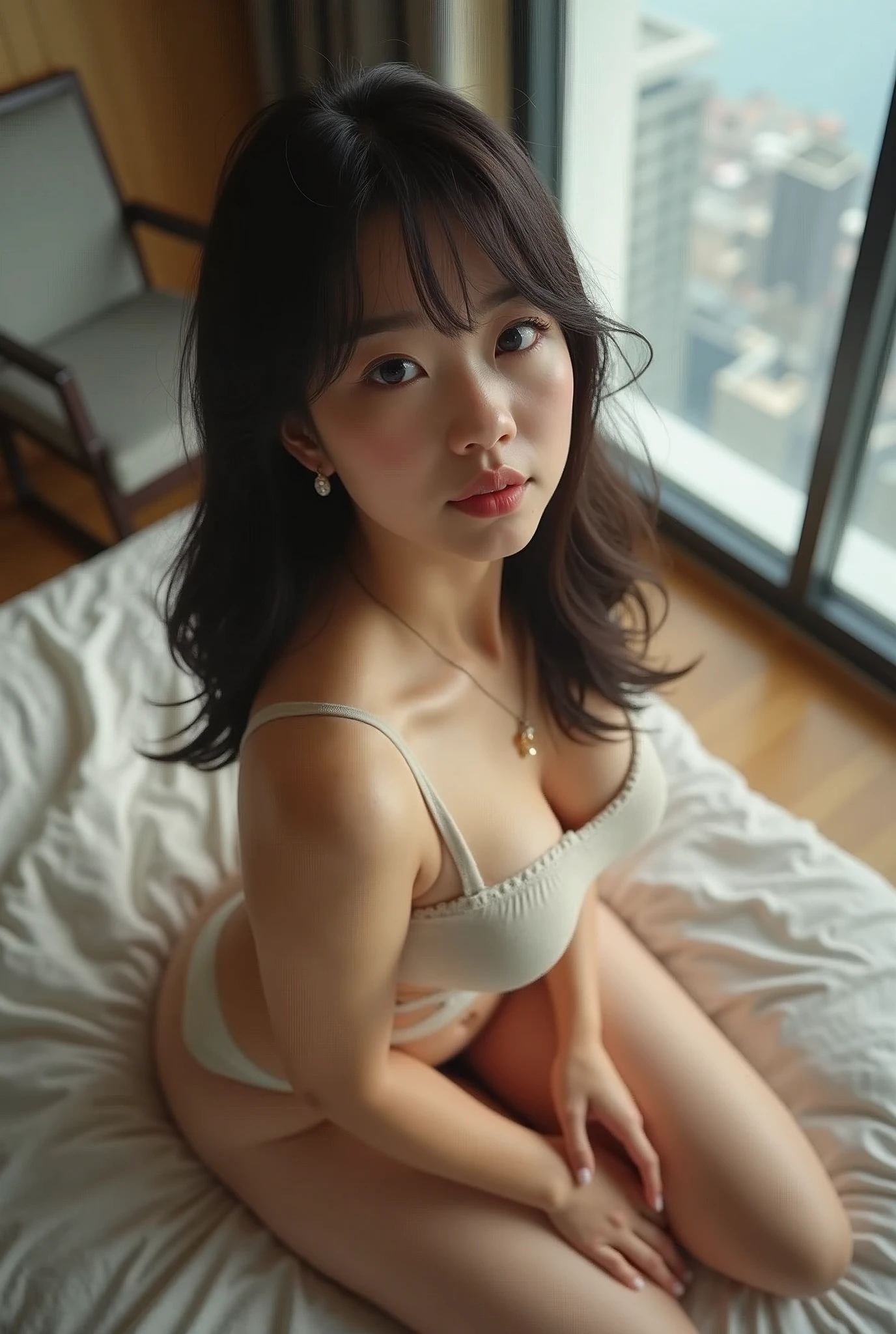 20-year-old Asian Woman Girl.
- Style: realistic photo, Realistic. - Body Type: thick body, thick legs, thick tights, arms, and shoulders, thick ass. - Breast: (Small Breast:1.4), (Show Cleavage:1.3), (Show Nipple:1.4), (Sweating:1.2), Facial Feature: Beautiful, Gorgeous, ager, Fresh, Young.
- Expression: Shy, Pink Blush on Face, Sexy Eyes, Sexy Look, Sexy Smile, (Sweating:1.4), Innocent Look, Tipsy. - Hairstyle: Blunt Bangs, Medium Straight Hair. Clothing: (Nude:1.6), (Off-Shoulder:1.3),. - Body Pose: (lying on bed:1.3). - Behaviour: Waiting, Want Something, Secretly.
- Accessories: Earrings, No Hair Accessories, Environmental Details:, - Setting: Bed Room., - Lighting: Natural Light., - Decoration: Modern Bed, Chair, Window, White Curtain, City View. Top view. pov, ultra-realistic photo, UHD, anatomically correct.