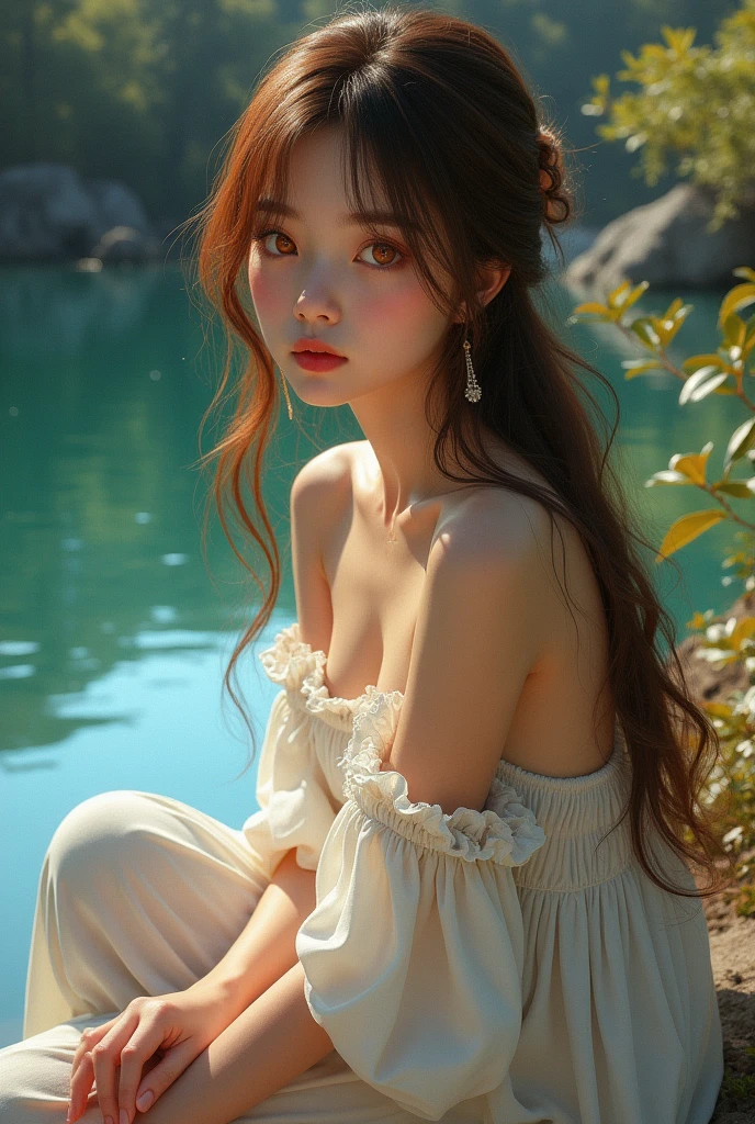 1girl, beautiful detailed eyes, detailed lips, beautiful long hair with bangs, sitting by the river, masterpiece, best quality, ultra-detailed skin, extremely detailed eyes, orange eyes, 8K, excellent shading, beautiful brushstrokes, highly detailed background, excellent anatomy