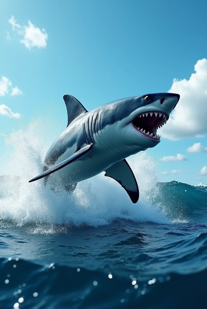 A powerful and dramatic scene featuring a great white shark leaping out of the ocean. The shark is captured mid-air with water splashing around it as it breaks the surface. The background showcases a clear blue sky with a few clouds, and the ocean is a deep blue, with waves adding to the dynamic energy of the scene. The shark's sharp teeth and muscular body are highlighted, emphasizing its strength and agility, creating an intense and captivating visual