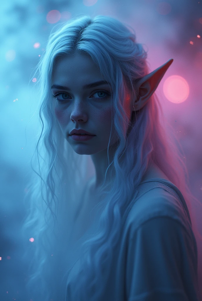 mysterious fog, iridescent, neon dust, shading effects, gradation magic effects, foggy filter effects, glitter effects, graphic CG digital art, The elf in the photo is looking back at us.