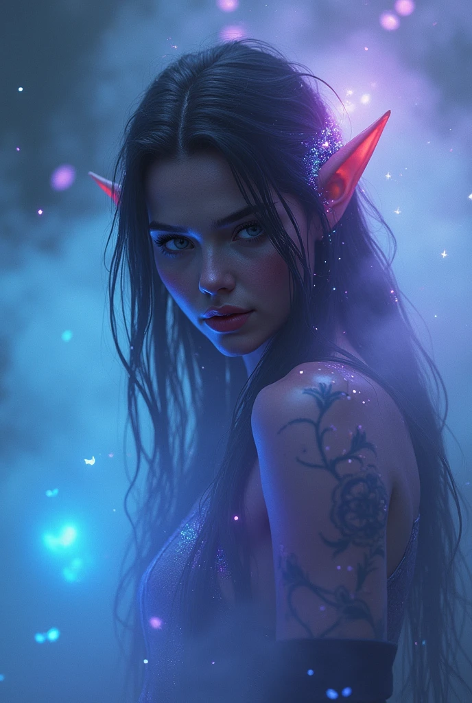 mysterious fog, iridescent, neon dust, shading effects, gradation magic effects, foggy filter effects, glitter effects, graphic CG digital art, The elf in the photo is looking back at us.
