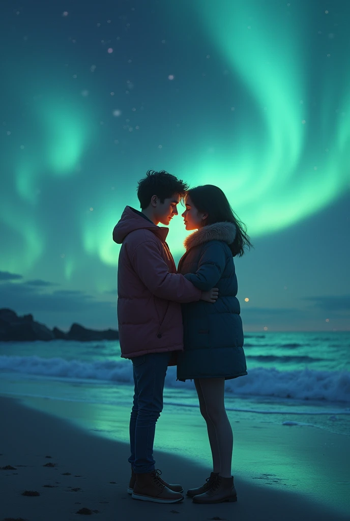 Image of a chubby girl and a skinny boy with specks in the beach side going for a dating the girl. Get shy and both of them. Looking at the northern light 
Both of them are very happy they look. Age of around the girl 20 and the boy should look 25 
