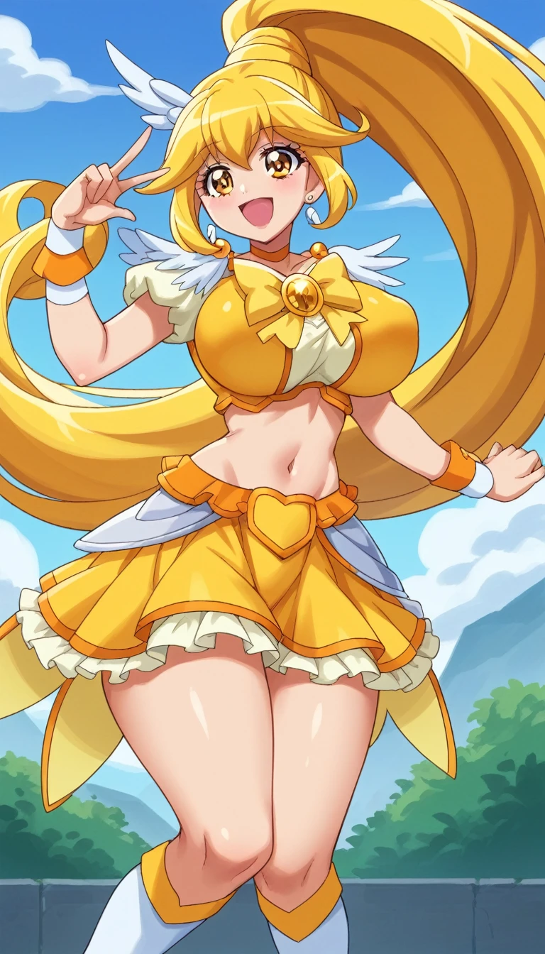 score_9, score_8_top, score_7_top, outdoors,
break_source_anime,
break_1_girl, cure_peace, ponytail, yellow hair, big nipples, huge breasts, happy, inner voice,
yellow magical girl, belly button, wing hair accessory, crop top, ruffled wrist cuffs, ruffled skirt, knee socks,
tall, long legs, glowing skin, oily skin, glowing skin, heavy breast, wide hips, tight waist, thick thighs,
contrasting,
watching_at_viewers,