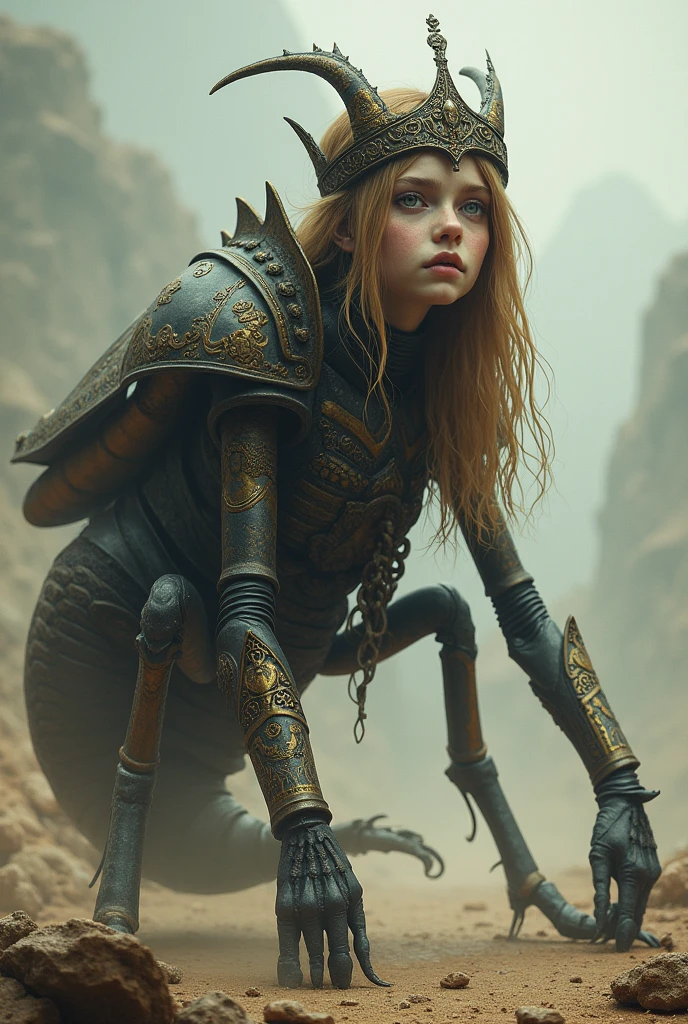 Draw a Locust with a human face that has hair of a girl and wears a crown, it has armor of iron and has a scorpion tail