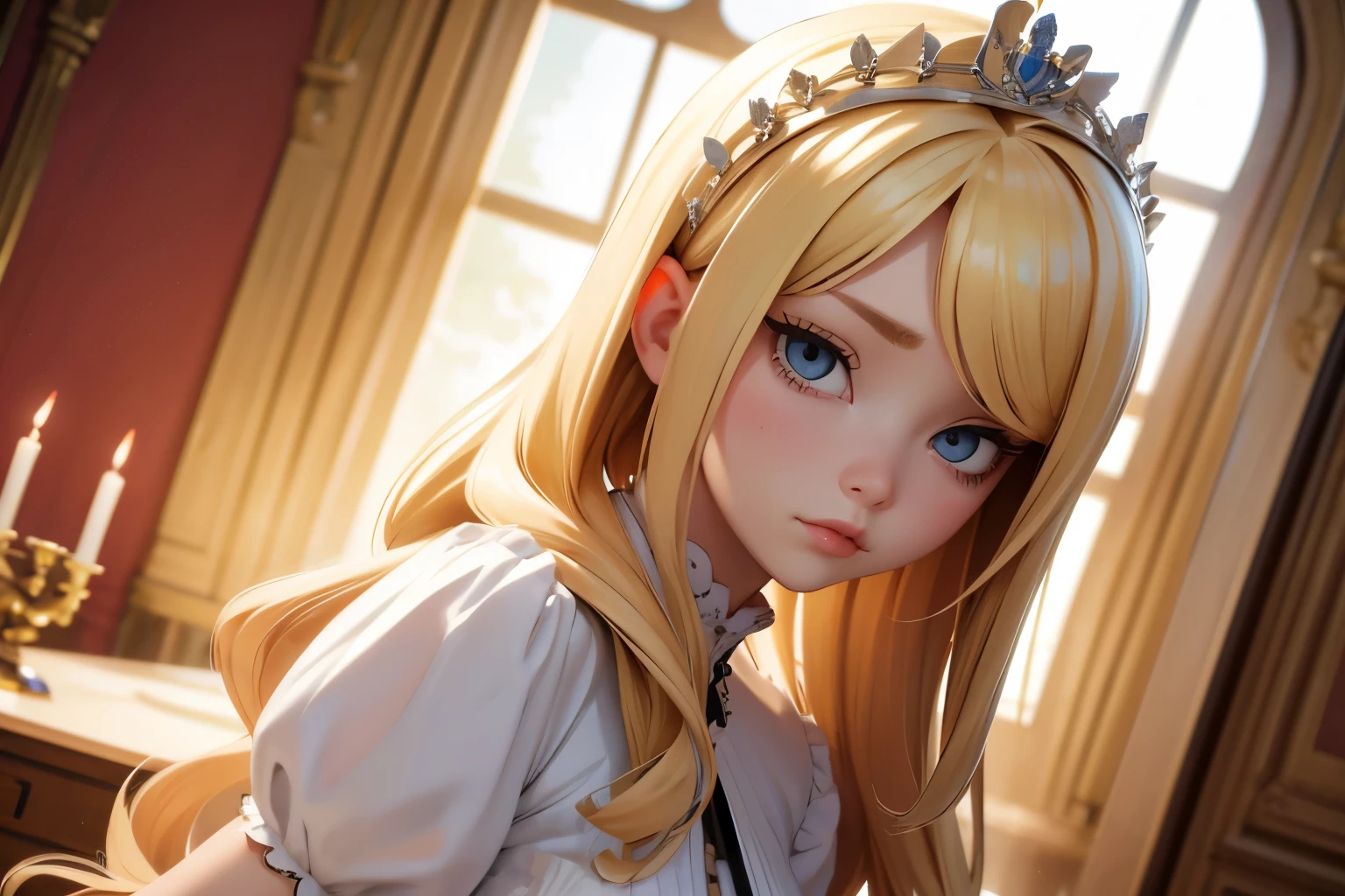 Arrogant young lady, blonde look of disgust looking at the camera Inside the mansion up Low - Angle