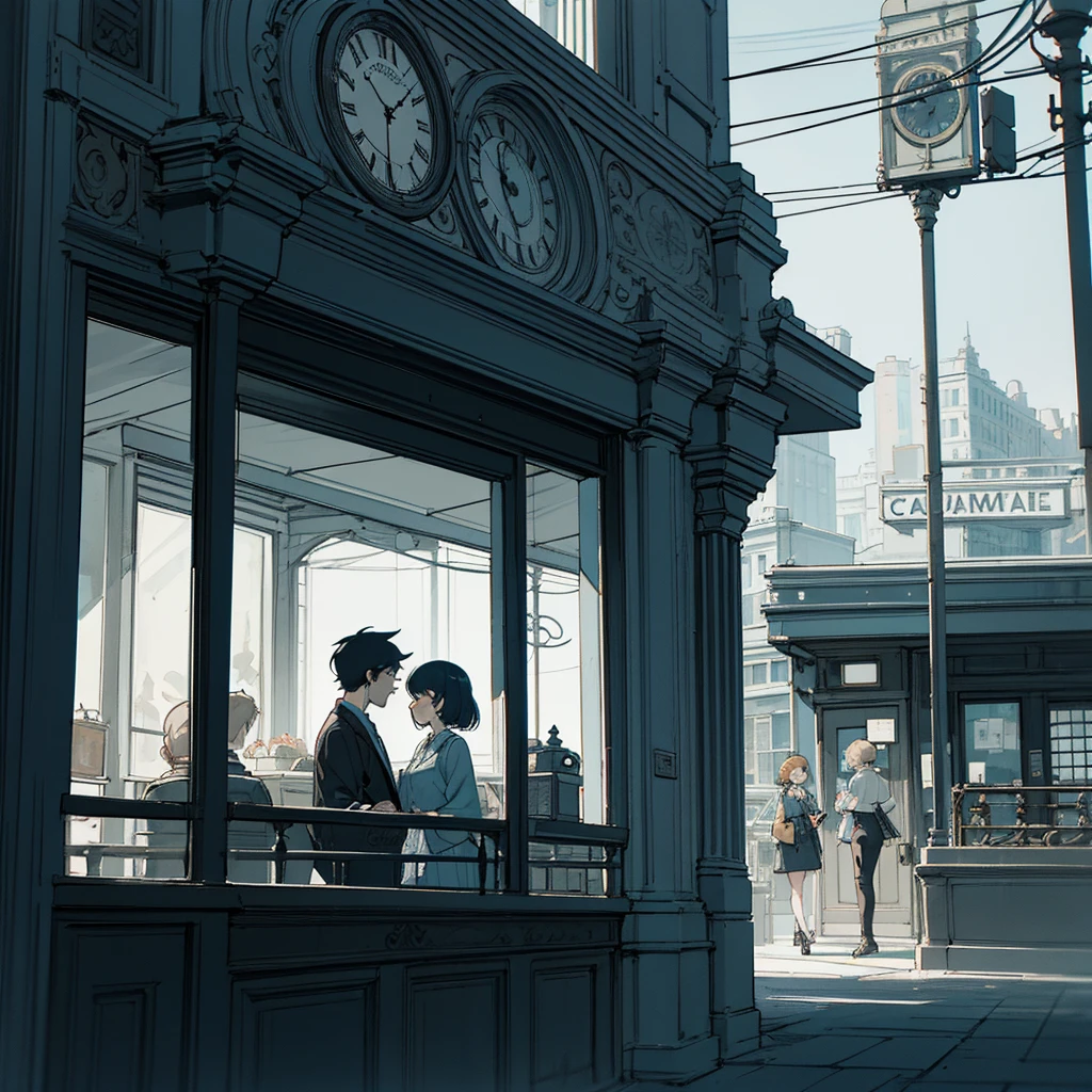 Anime-style illustration of a stylish couple outside a vintage café. Café exterior in muted blue tones with ornate clock design on the window. Warm lighting, urban setting, 1950s retro aesthetic with modern touches. Diverse fashion choices, gender-neutral styling. High-quality digital art, detailed, cinematic lighting.
