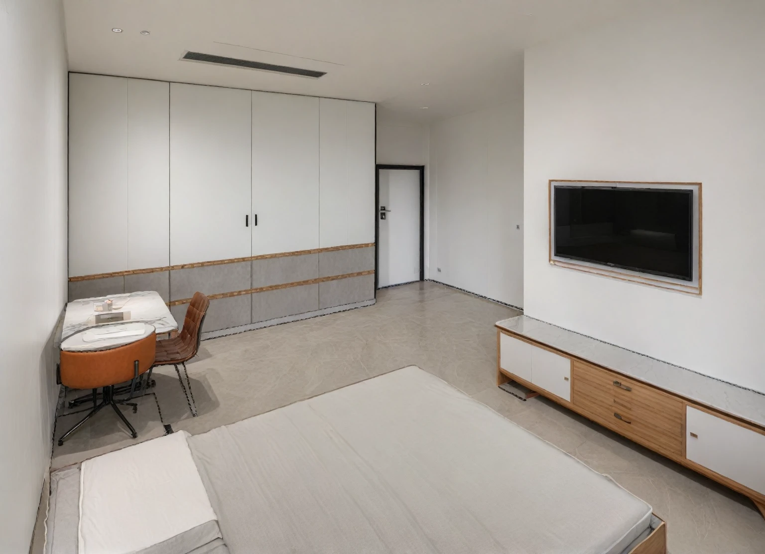 ((masterpiece,best quality,highres,sharp forcus)) (((detail forcus))) , ( BEDROOM :1.3 ), modern style, daylight, ((WHITE wall : 1.3 )) plaster ceiling, bright, oak , daylight , warm tone , bright color, pendant light, marble tile floor, TIVI,