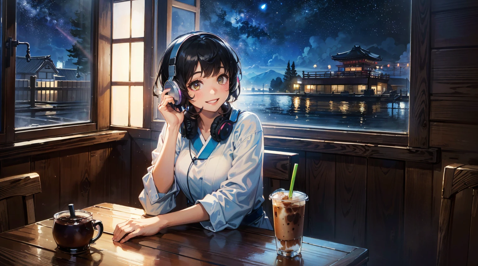 Girl with headphones enjoying music in a cafe I am studying Emphasize a little bit of the chest Looking this way and smiling Night Background