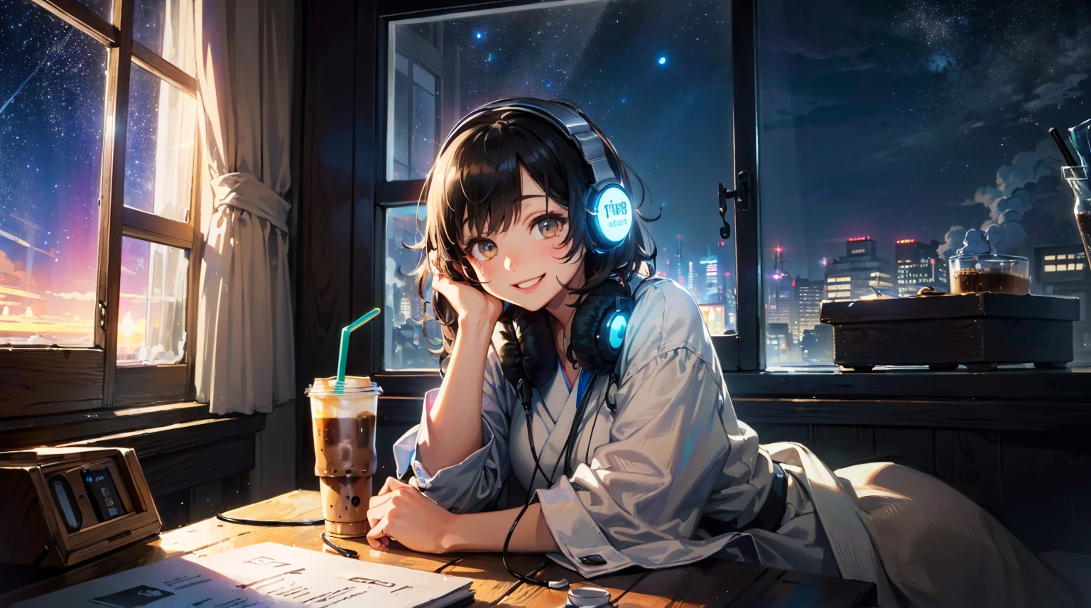((8k of extremely detailed CG unit, Masterpiece, high resolution, highest quality, highest quality real texture skin)), (((Cute room))), (((Japanese style headphones))), (((iced coffee))), (((Smiling and listening to music))), ((1 girl)), (Black hair, messy hair, beige skin), (Surreal, digital painting), (((Warm lighting))), (((Night sky from large windows)))