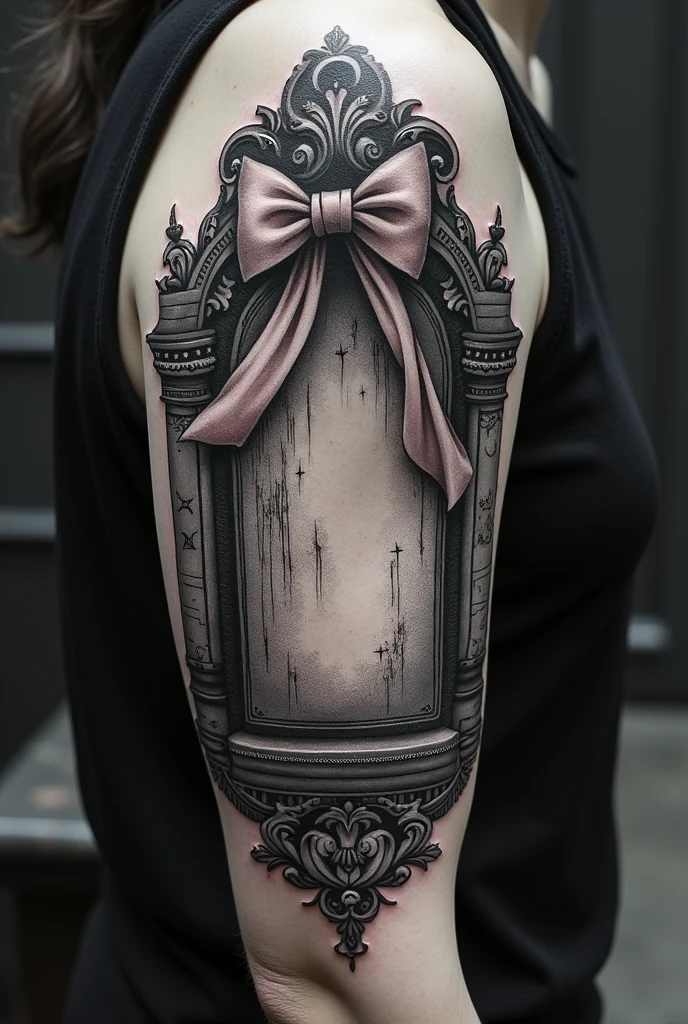 A tombstone tattoo with a bow attached
