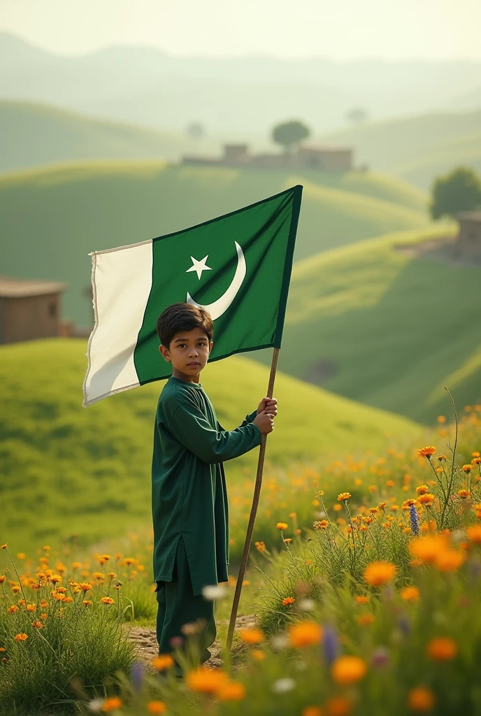 A beautiful picture showing the beautiful fields of a village in Pakistan and a child standing in front holding the flag of Pakistan