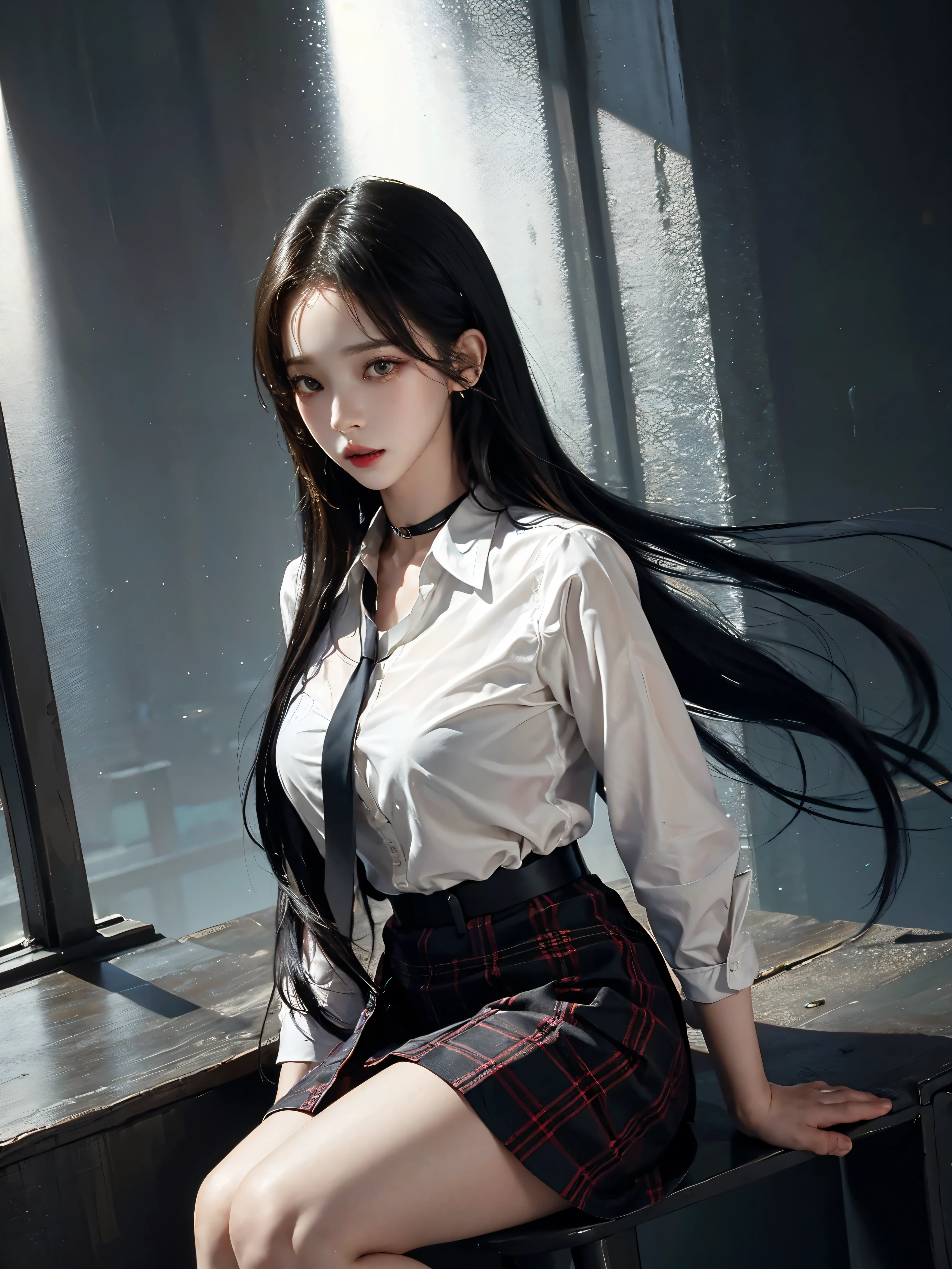 dressed like a nurse,exposed, 큰 chest, 젖어서 chest이 보이는 흰색 shirt, masterpiece, best quality, whole body, 1 woman, forehead, black choker, black necktie, blond hair, panties, blush, bracelet, chest, choker, clothes approximately waist, clavicle, collared shirt, dress shirt, ear piercing, eyebrows visible through hair, gradient hair, 이를 드러내고 laugh, fix, bijouterie, Kogal, long hair, looking at viewer, loose necktie, necktie, piercing, plaid, plaid skirt, pleated skirt, red eyes, ring, , shirt, skirt, laugh, alone, sky, sitting on a chair inside a cafe,illustration, (Magazines:1.3), (sheathe-style:1.3), fashionable, female, vibrant, outfit, posing, front, fancy, dynamic, background, coercion, confidence, expression, possession, name, accessories, majestic, coil, approximately, touch, scene, texts, sheathe, brave, attracting attention, title, Refined, font, catchy, headline, bigger, striking, modern, Trend, Concentrate upon, fashion,