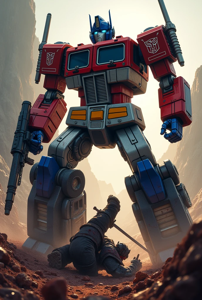 Optimus Prime, Kirito, intense battle, Optimus Prime victorious, highly detailed, hyperrealistic, epic action scene, dramatic lighting, cinematic composition, gritty war-torn environment, Kirito in desperate combat pose, grievous injuries, blood and visceral effects, Optimus Prime towering over Kirito, powerful mechanical form, advanced weaponry, triumphant stance, dramatic shadows, depth of field, cinematic camera angles, saturated color palette, chiaroscuro lighting, masterfully rendered, award-winning digital art