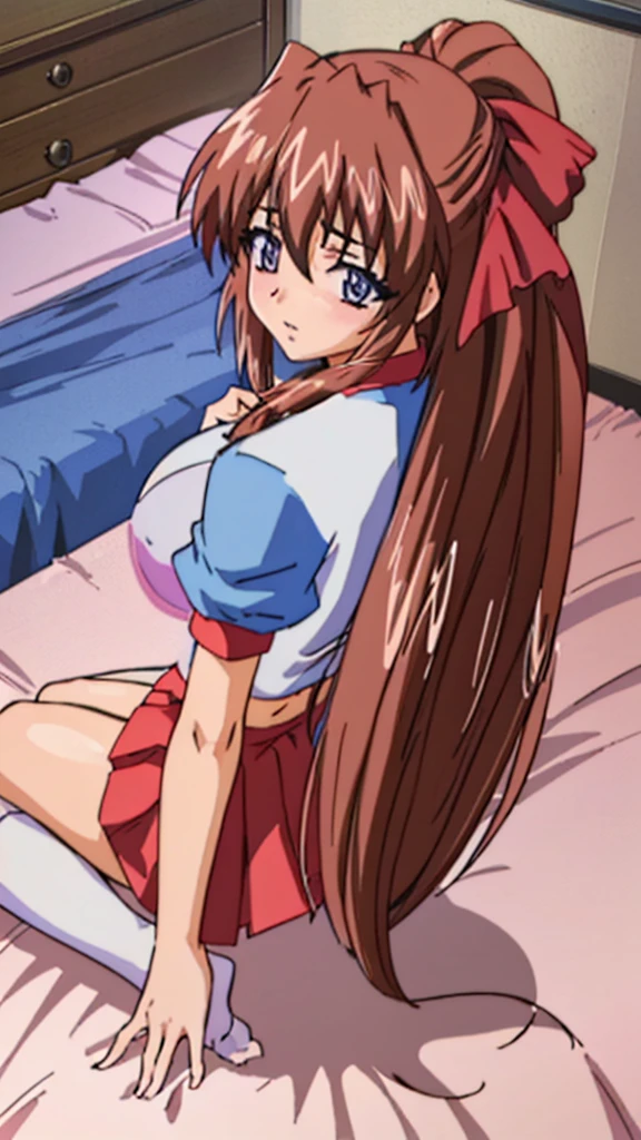 (Anime artwork, Anime Style, Studio Anime, Very detailed, Latest, Vibrant, Anime Coloring Book, High Contrast, masterpiece:1.2, Highest quality, Best aesthetics), (Beautiful and detailed:1.2), Aoi Tennis, 1 person, Hair Ribbon, Tennis uniform, Polo shirt, Raglan sleeves, Pleated skirt, Red Skirt, Pink Bra, Pink Pants, blush, Lips parted, liar, On the bed, ((Lie)), (show off bra), Pink Good, From above, No pants,White knee socks,Lack of shoes, Asymmetrical bangs, Perfect Proportions, Skin with attention to detail, cute, Detailed face, (skirt lift:1.3), (from bottom:1.3)