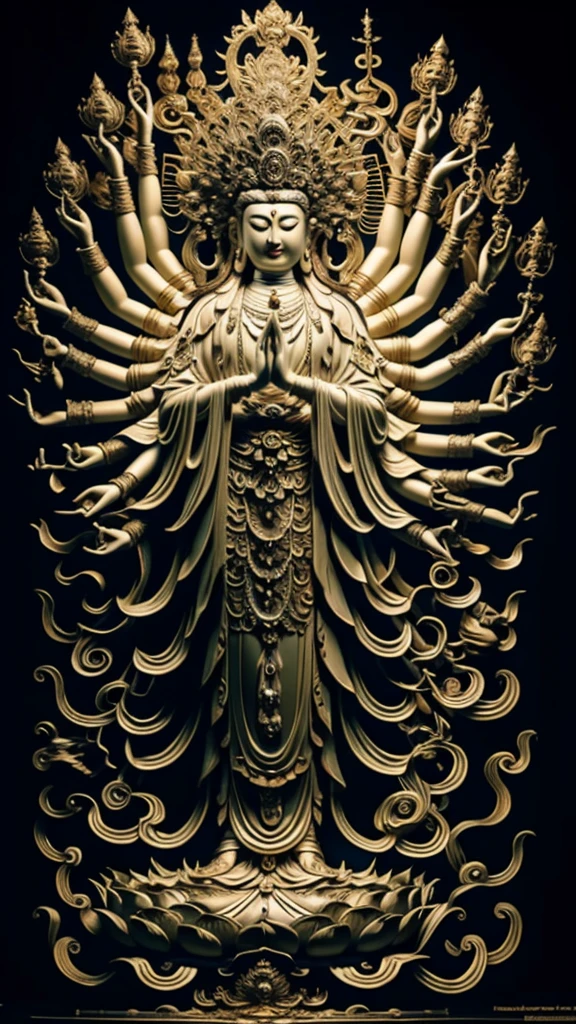  statue of guan yin made of jade and jewelry, crystal clear and shinning, beautyfull  face, multiple hands holding some treasure weapons , detailed hands,  floating red ruby lotus , full body, masterpieces, super detail, epic composition, ultra HD, high quality, extremely detailed, official art, unified 8k wallpaper, Super detail, Professional studio lightning, 