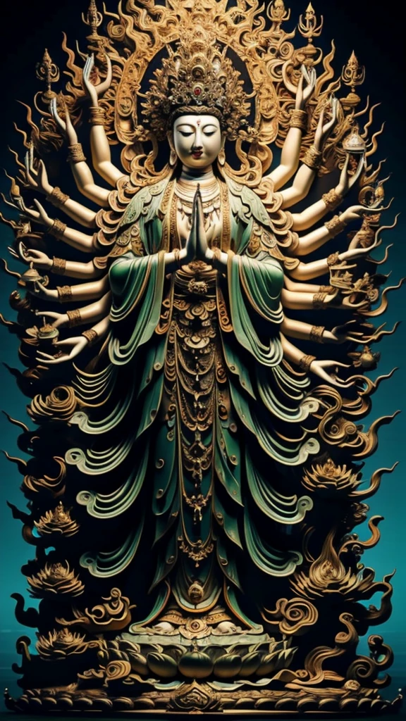  statue of guan yin made of jade and jewelry, crystal clear and shinning, beautyfull  face, multiple hands holding some treasure weapons , detailed hands,  floating red ruby lotus , full body, masterpieces, super detail, epic composition, ultra HD, high quality, extremely detailed, official art, unified 8k wallpaper, Super detail, Professional studio lightning, 