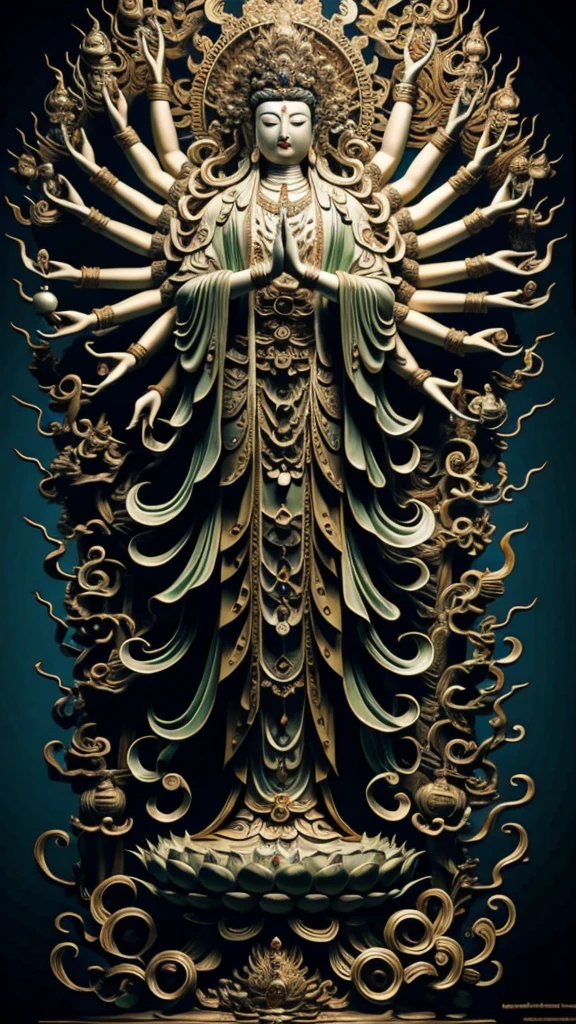  statue of guan yin made of jade and jewelry, crystal clear and shinning, beautyfull  face, multiple hands holding some treasure weapons , detailed hands,  floating red ruby lotus , full body, masterpieces, super detail, epic composition, ultra HD, high quality, extremely detailed, official art, unified 8k wallpaper, Super detail, Professional studio lightning, 