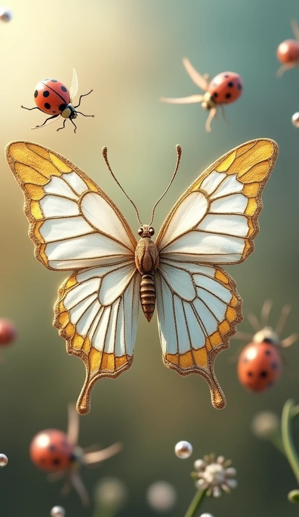 There is a title "Doux Méchants" ((Diamond and pearl)). There is a beautiful white and golden butterlfy behind the title. Some ladybugs ((blurry)) holding pearls flying in the background . A 3D, fantasy, adventure, realistic and aesthetic poster.