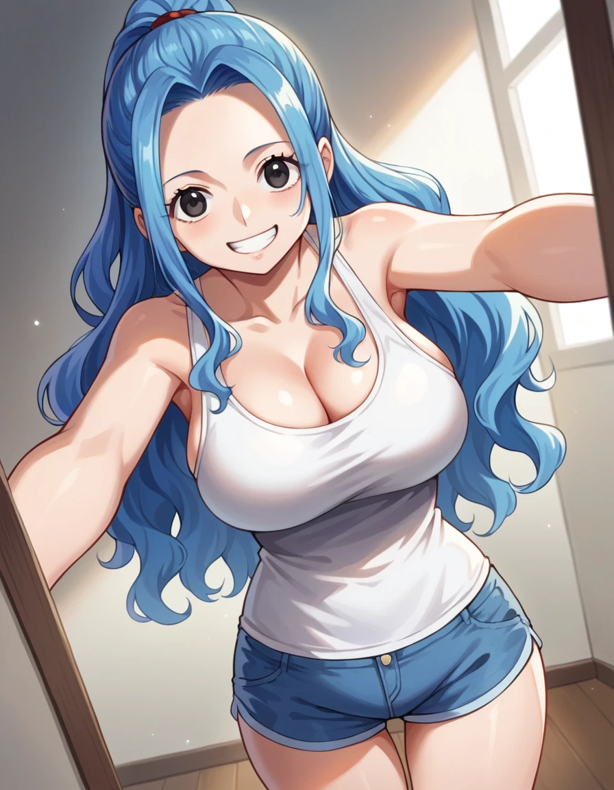 score_9, score_8_up, score_7_up, source_anime, best quality, clear face, 1girl, vivi, blue hair, side locks, ponytail, wavy hair, forehead, black eyes, long hair, large breasts, cleavage, looking at viewer, standing, dynamic angle, smile, white tank top, short pants, bedroom,