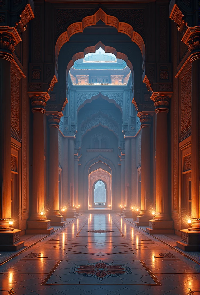 Dark Palace Hall，internal，Magnificent，Gorgeous lighting，Indian Temple Interior，Night view，firefly，Particle Light Spot Effects